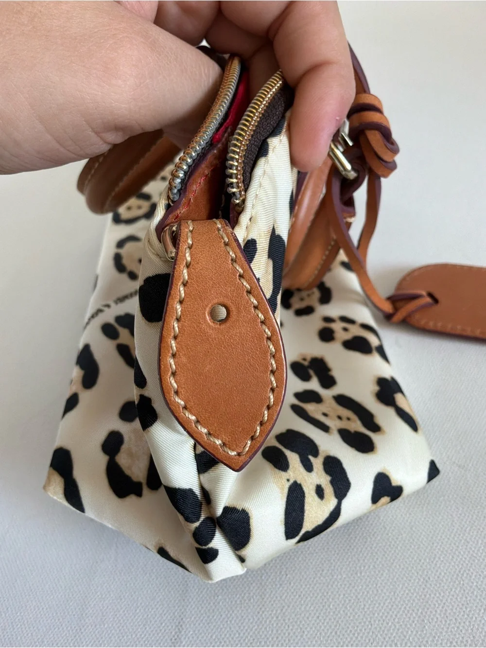 Dooney & Bourke Leopard Print Nylon Satchel Crossbody Bag Leather Trim Tan White